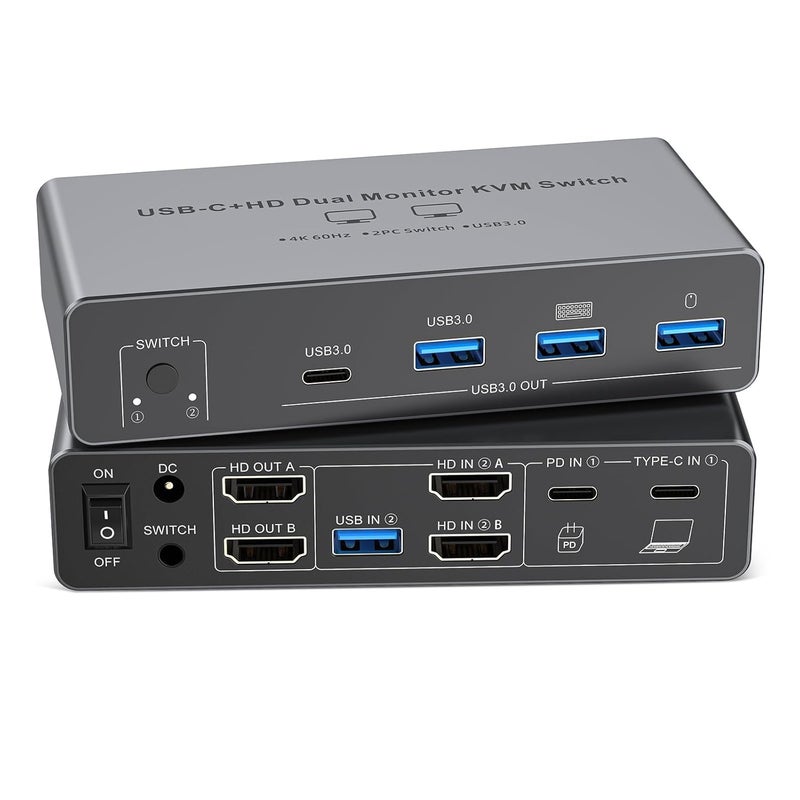 TaiLaiEra USB C HDMI KVM Switch 2 Monitors 2 Computers,4K@60HZ Dual Monitors KVM Switches for 2 PC/Laptops Share Mouse Keyboard and 2 Screens,4 USB3.0 Devices,Support 100W Charging for Laptop EDID Adapative - Image 1